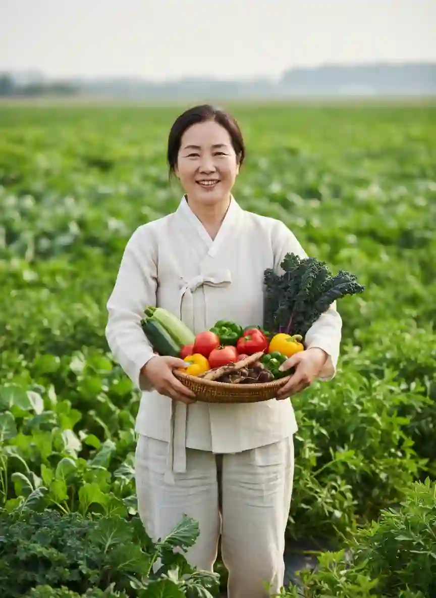 리넨 작업복을 입고 갓 수확한 유기농 채소 바구니를 든 한국인 농부가 푸른 밭에 서서 따뜻하게 미소 짓는 모습